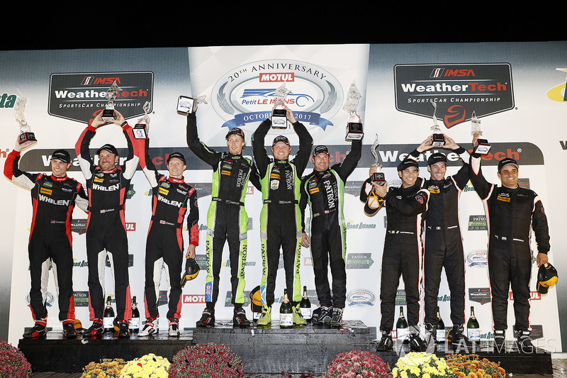 P podium: winners Scott Sharp, Ryan Dalziel, Brendon Hartley, Tequila Patrón ESM, second place Eric Curran, Dane Cameron, Mike Conway, Action Express Racing, third place Helio Castroneves, Simon Pagenaud, Juan Pablo Montoya, Team Penske