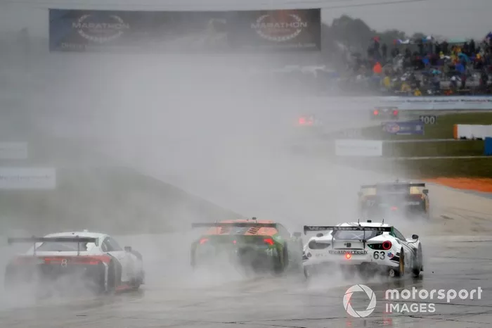 #63 Scuderia Corsa Ferrari 488 GT3, GTD: Cooper MacNeil, Toni Vilander, Jeff Westphal, #11 GRT Grasser Racing Team Lamborghini Huracan GT3, GTD: Mirko Bortolotti, Rik Breukers, Rolf Ineichen, #8 Starworks Motorsport Audi R8 LMS GT3, GTD: Parker Chase, Ryan Dalziel, Ezequiel Perez Companc