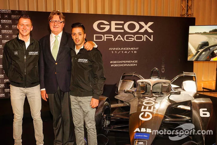 Maximilian Günther and Antonio Fuoco with Mario Moretti Polegato, President and Founder of GEOX