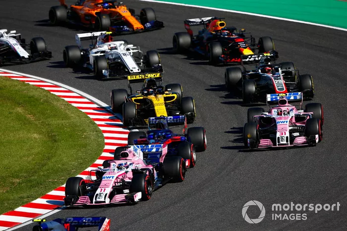 Sergio Perez, Racing Point Force India VJM11, Esteban Ocon, Racing Point Force India VJM11, Carlos Sainz Jr., Renault Sport F1 Team R.S. 18, Kevin Magnussen, Haas F1 Team VF-18, Daniel Ricciardo, Red Bull Racing RB14, Charles Leclerc, Sauber C37, Fernando Alonso, McLaren MCL33, y Lance Stroll, Williams FW41