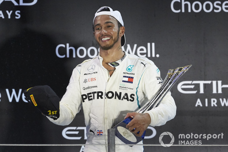 Lewis Hamilton, Mercedes AMG F1, 1st position, with his trophy