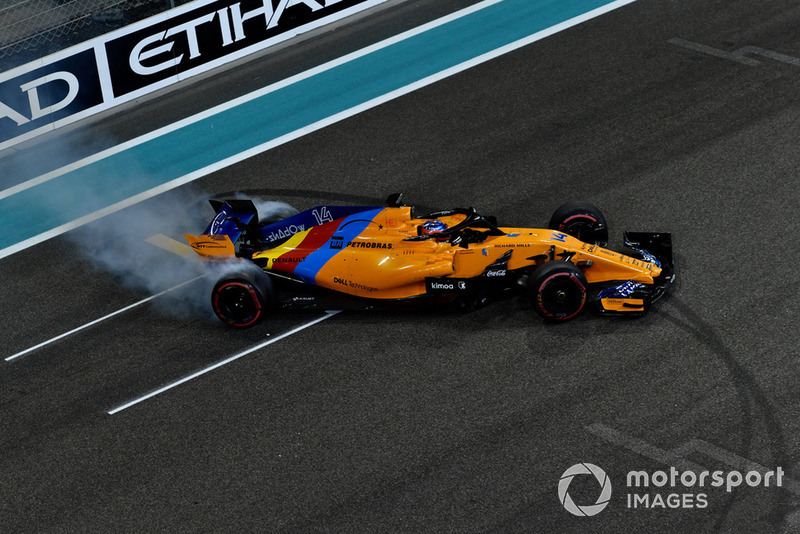 Fernando Alonso, McLaren MCL33 donuts at the end of the race