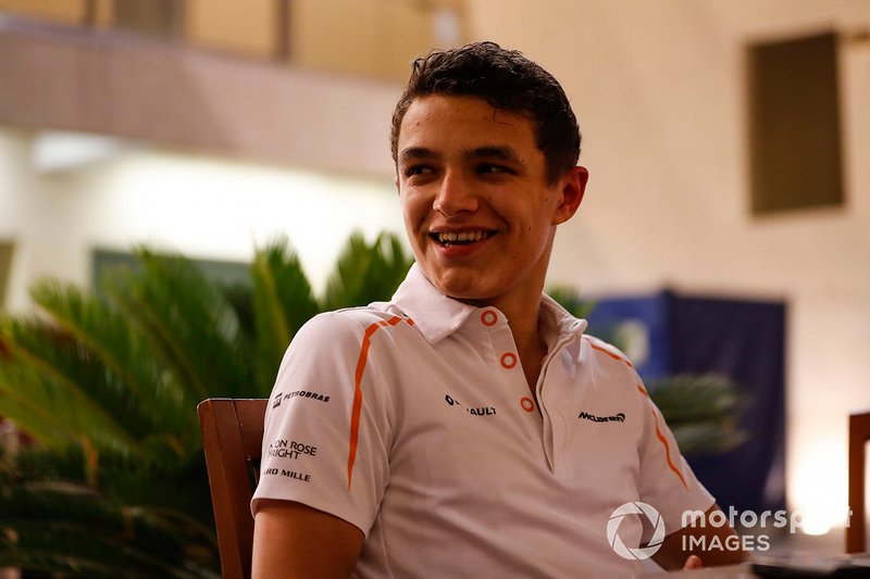 Lando Norris, McLaren, talks to the media