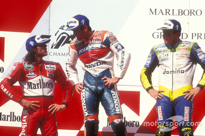 Podium: winner Mick Doohan, Repsol Honda Team, second place Alex Barros, Honda, third place Loris Capirossi, Yamaha