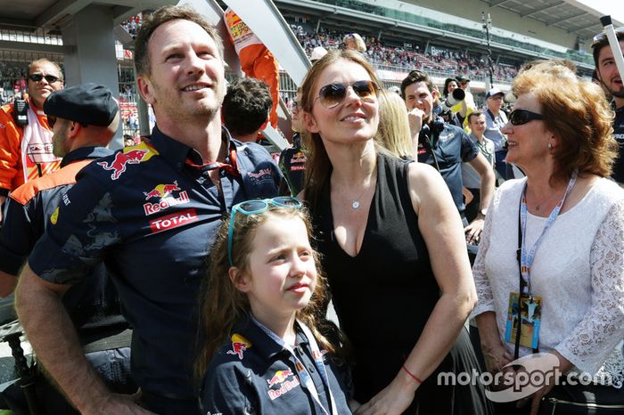 Christian Horner, Red Bull Racing Team Principal with his wife Geri Halliwell, Singer and daughter Bluebell at the podium