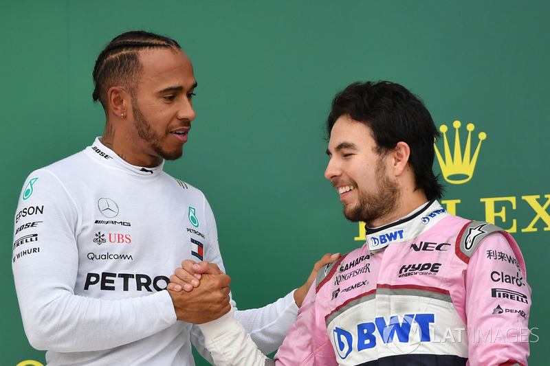 Podium: race winner Lewis Hamilton, Mercedes-AMG F1, Ferrari, third place Sergio Perez, Force India