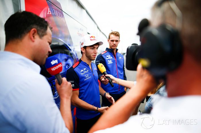 Pierre Gasly, Toro Rosso, talks to the media