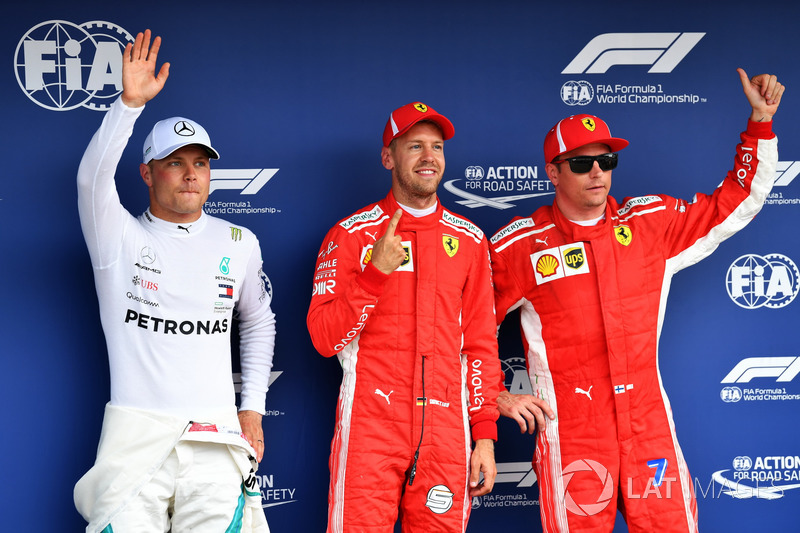 Valtteri Bottas, Mercedes-AMG F1, Sebastian Vettel, Ferrari amd Kimi Raikkonen, Ferrari celebrate in parc ferme