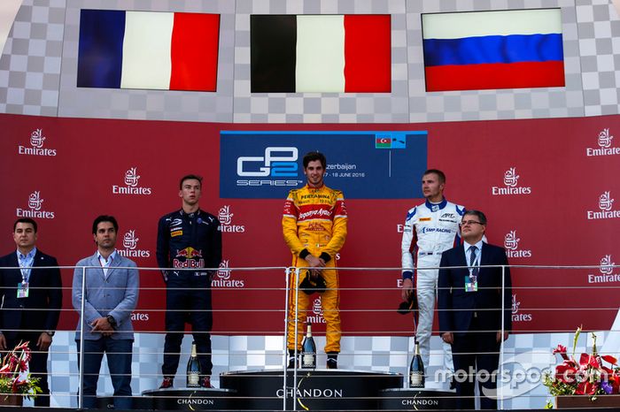 Podio: ganador de la carrera Antonio Giovinazzi, PREMA Racing, segundo lugar Pierre Gasly, PREMA Racing & tercer lugar Sergey Sirotkin, ART Grand Prix