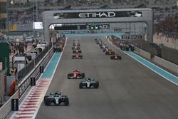 Valtteri Bottas, Mercedes F1 W08, leads Lewis Hamilton, Mercedes F1 W08, Sebastian Vettel, Ferrari S