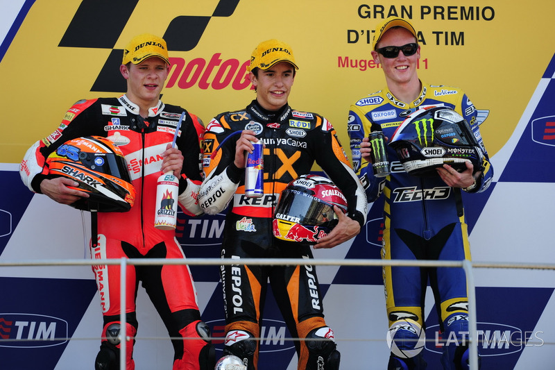 Podio: segundo lugar Stefan Bradl, ganador de la carrera Marc Márquez, tercer lugar Bradl Smith