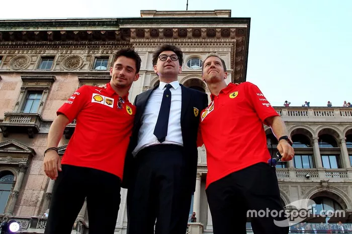 Charles Leclerc, Ferrari, Sebastian Vettel, Ferrari, Mattia Binotto, Team Principal Ferrari