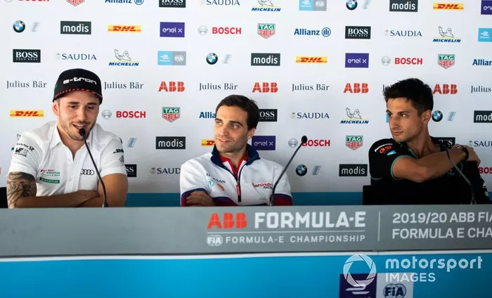 Daniel Abt, Audi Sport ABT Schaeffler, Jérôme d'Ambrosio, Mahindra Racing, Mitch Evans, Jaguar Racing durante la conferenza stampa