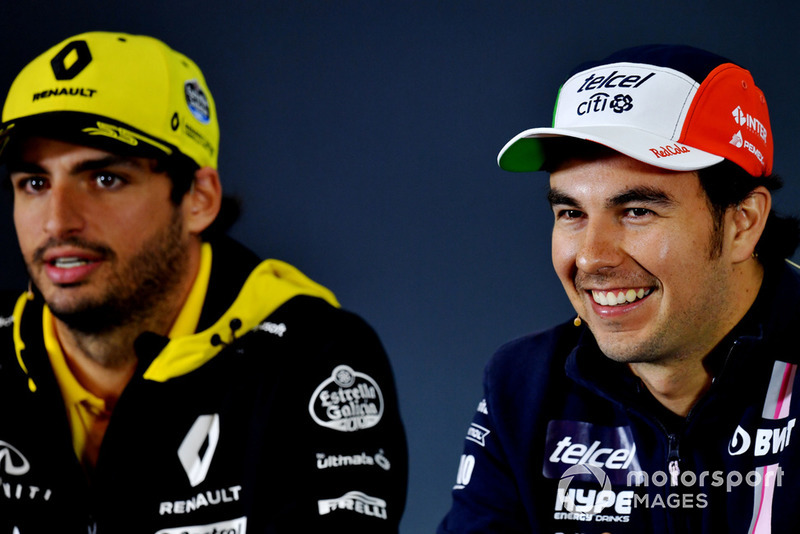 Carlos Sainz Jr., Renault Sport F1 Team et Sergio Perez, Racing Point Force India F1 Team, lors de la conférence de presse