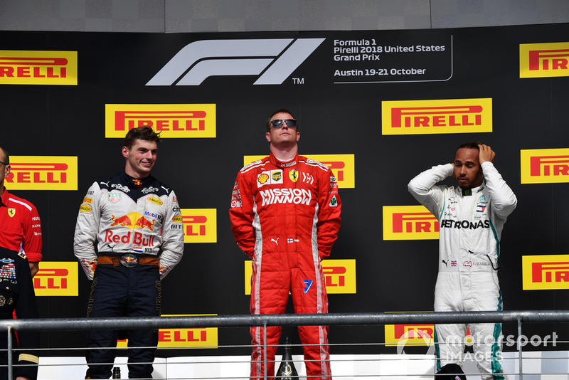 (L to R): Max Verstappen, Red Bull Racing, Kimi Raikkonen, Ferrari and Lewis Hamilton, Mercedes AMG F1 on the podium