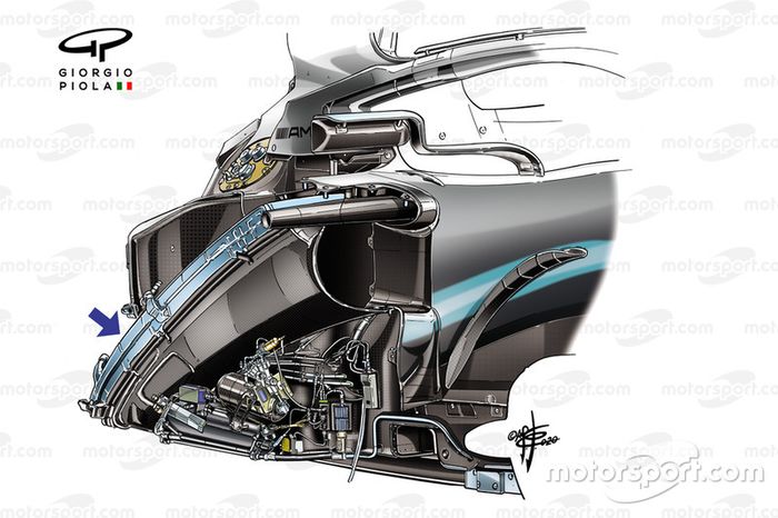 Mercedes AMG F1 W10: disposición de los radiadores y la boca del radiador bajo el cono