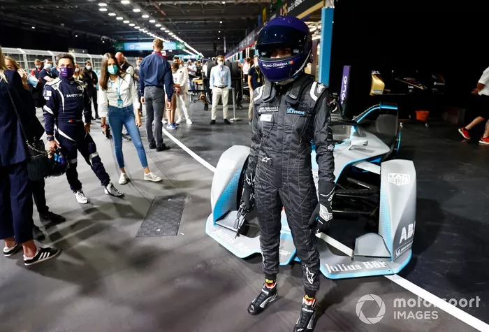 Model, Actress Cara Delevigne with the Formula E car