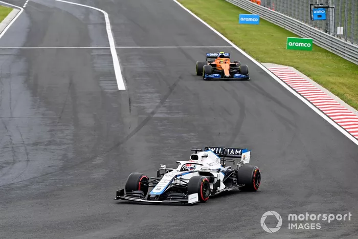 George Russell, Williams FW43, leads Lando Norris, McLaren MCL35
