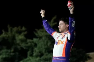 Denny Hamlin, Joe Gibbs Racing, FedEx Office Toyota Camry celebrates his win