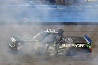 Brett Moffitt, Hattori Racing Enterprises, Toyota Tundra KOBE celebrates his win with a burnout
