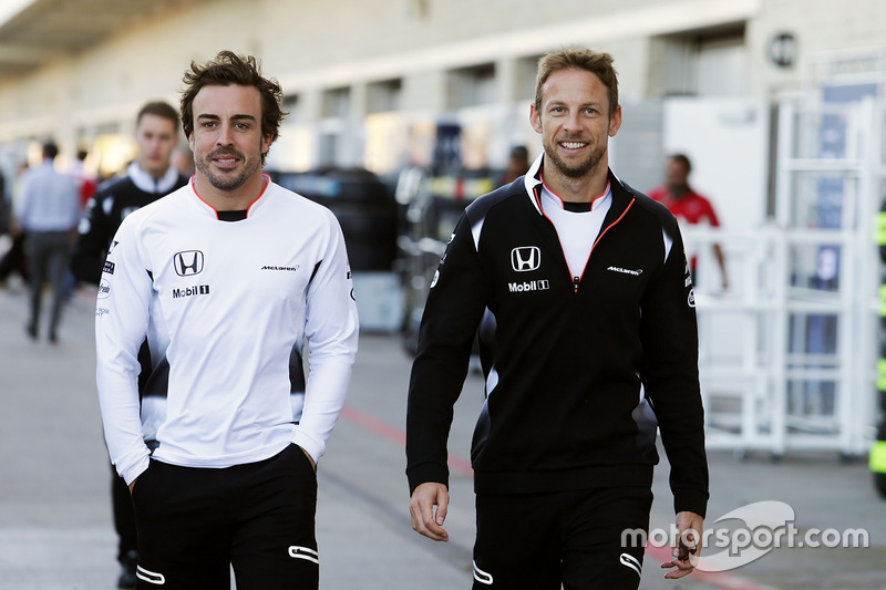 (L to R): Fernando Alonso, McLaren with team mate Jenson Button, McLaren