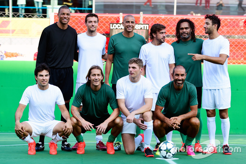 Line up at the charity 5-a-side football match. F1 drivers (L to R): Sergio Perez, Sahara Force Indi