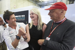 Toto Wolff, Executive Director, Mercedes AMG, Emilia Bottas and Niki Lauda, Non-Executive Chairman, Mercedes AMG