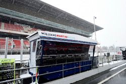 Pitlane del Circuit de Barcelona cubierto de nieve