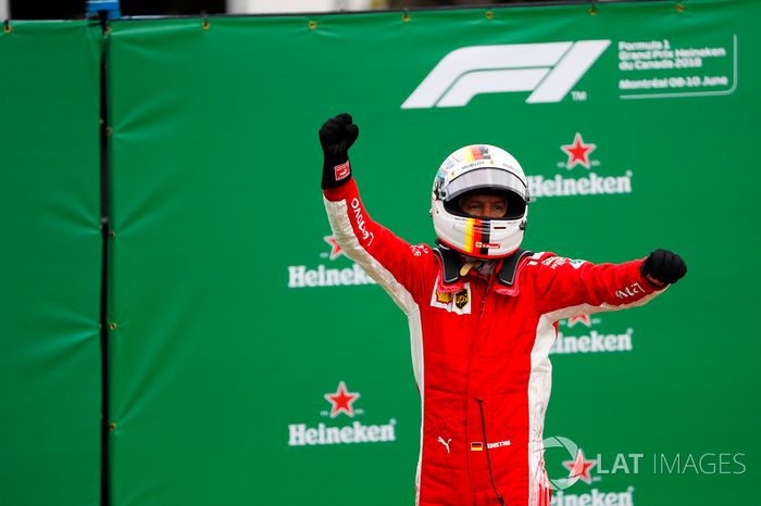 El ganador del GP de Canadá, Sebastian Vettel, Ferrari celebra su victoria en parc ferme
