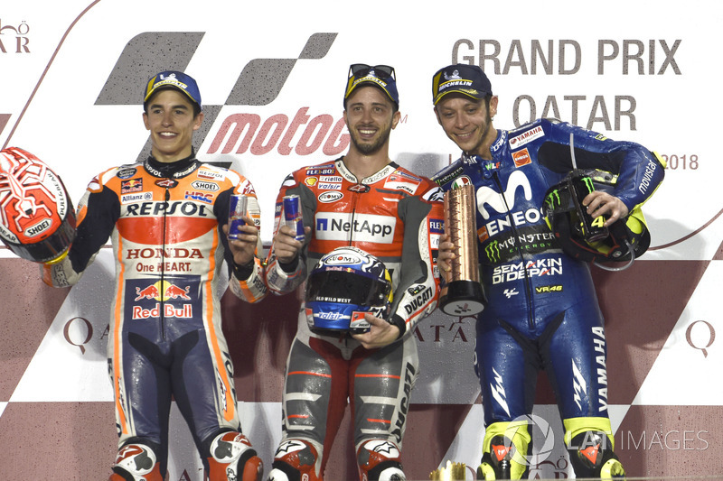 Podium: segundo, Marc Marquez, Repsol Honda Team, Ganador, Andrea Dovizioso, Ducati Team, tercero, Valentino Rossi, Yamaha Factory Racing