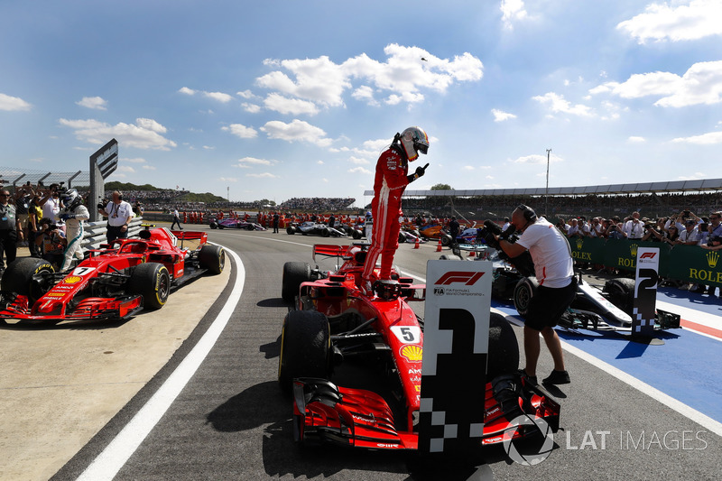 Sebastian Vettel, Ferrari, celebrates in Parc Ferme