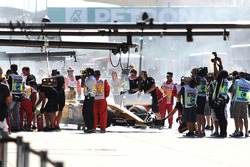 The burned car of Kevin Magnussen, Renault Sport F1 Team RS16