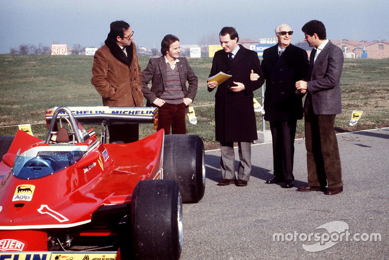 Maranello 1980, Mauro Forghieri, Gilles Villeneuve, Marco Piccinini, Jody Scheckter for the presentation of the Ferrari T5