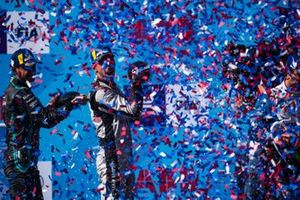 Race winner Sébastien Buemi, Nissan e.Dams celebrates on the podium with Mitch Evans, Panasonic Jaguar Racing, 2nd position, Antonio Felix da Costa, BMW I Andretti Motorsports, 3rd position