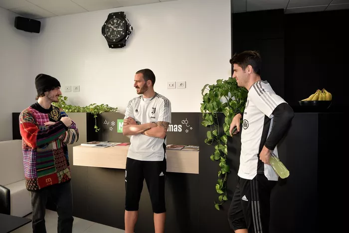 Calciatori della Juventus Leonardo Bonucci, Alvaro Morata incontrano Francesco Bagnaia
