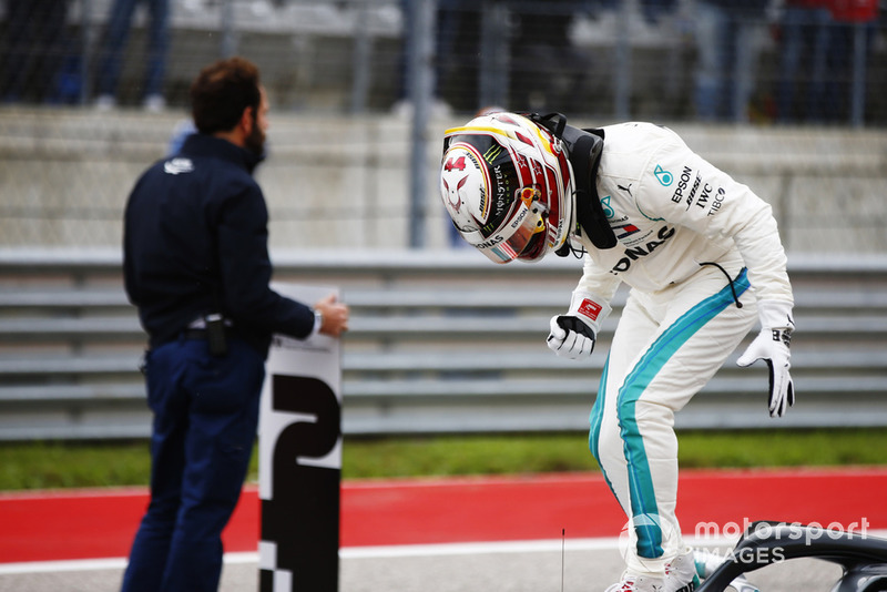Lewis Hamilton, Mercedes AMG F1, celebrates after taking Pole Position