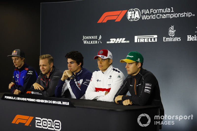 Brendon Hartley, Toro Rosso, Kevin Magnussen, Haas F1 Team, Lance Stroll, Williams Racing, Marcus Ericsson, Sauber, and Stoffel Vandoorne, McLaren, in the Thursday press conference