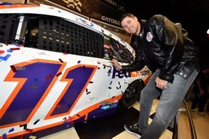 Denny Hamlin, Joe Gibbs Racing, Toyota Camry FedEx Express, Christopher Gabehart and Coach Joe Gibbs at the Daytona 500 Champions breakfast and car induction