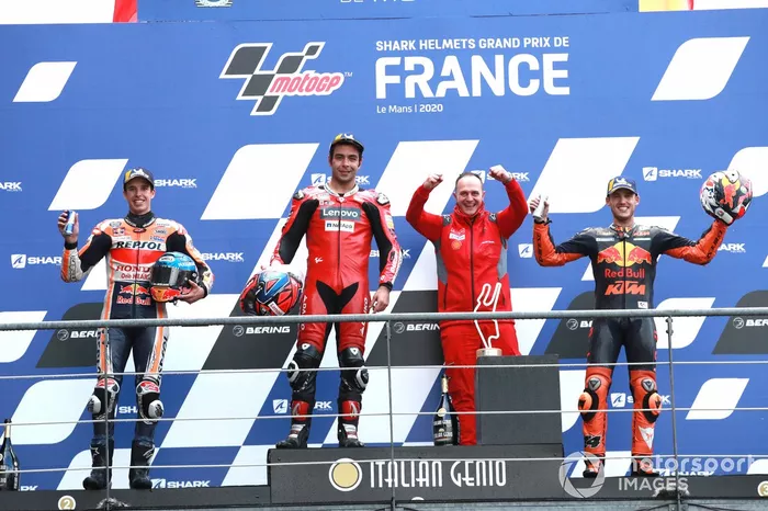 Podio: segundo lugar Alex Márquez, Repsol Honda Team, ganador Danilo Petrucci, Ducati Team, tercer lugar Pol Espargaró, Red Bull KTM Factory Racing