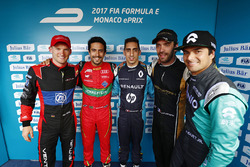 Maro Engel, Venturi, Lucas di Grassi, ABT Schaeffler Audi Sport,Sébastien Buemi, Renault e.Dams, Jean-Eric Vergne, Techeetah, and Nelson Piquet Jr., NEXTEV TCR Formula E Team, celebrate after qualifying