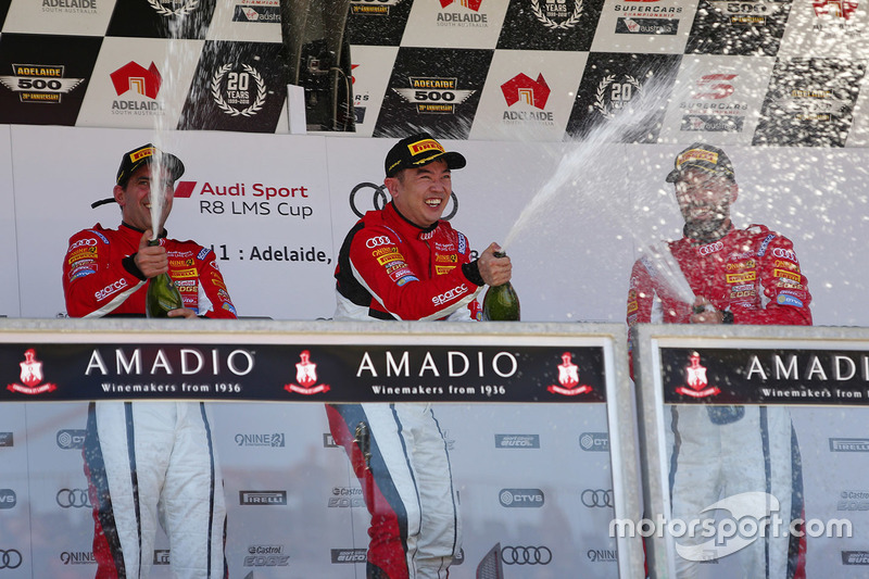 Podium: race winner Andrew Haryanto, second place Yasser Shahin, third place Theo Koundorious