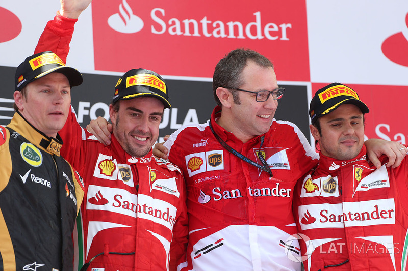 Podium: race winner Fernando Alonso, Ferrari, second place Kimi Raikkonen, Lotus F1, and third place Felipe Massa, Ferrari, Stefano Domenicali, Ferrari General Director