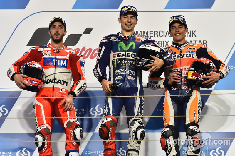 Podium: Race winner Jorge Lorenzo, Movistar Yamaha MotoGP, Yamaha; second place Andrea Dovizioso, Ducati Team, Ducati; third place Marc Marquez, Repsol Honda Team, Honda