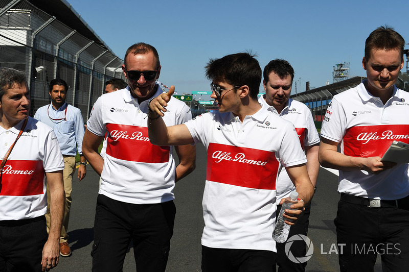 Charles Leclerc, Alfa Romeo Sauber C37 walks the track with the team