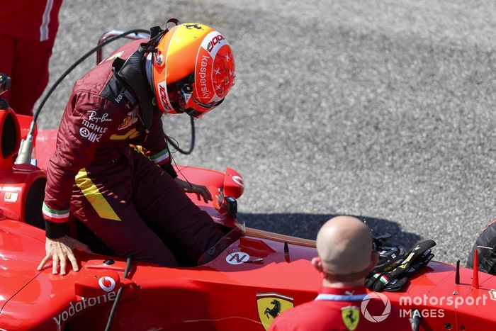 Mick Schumacher climbs in to his fathers championship winning Ferrari F2004