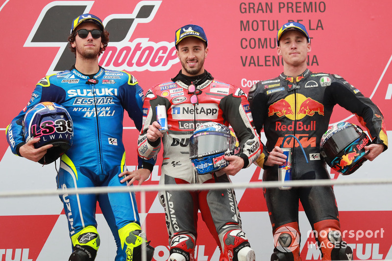Podio: Ganador, Andrea Dovizioso, Ducati Team, segundo, Alex Rins, Team Suzuki MotoGP, tercero, Pol Espargaro, Red Bull KTM Factory Racing