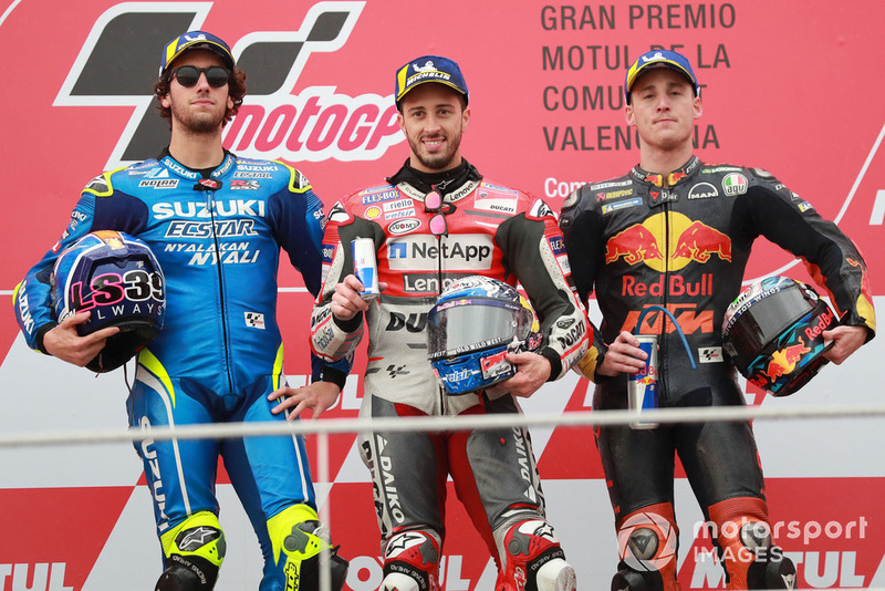 Podium: race winner Andrea Dovizioso, Ducati Team, second place Alex Rins, Team Suzuki MotoGP, third place Pol Espargaro, Red Bull KTM Factory Racing
