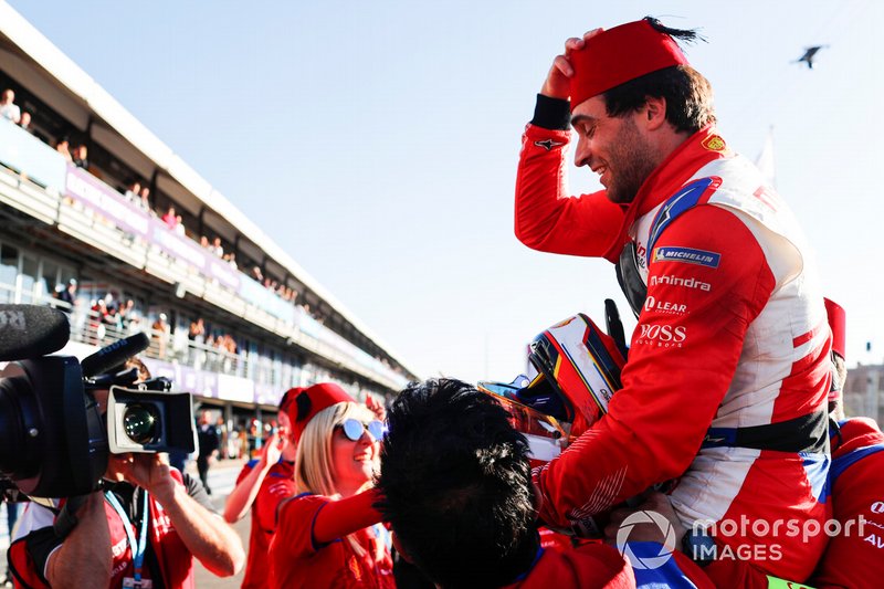 Jérôme d'Ambrosio, Mahindra Racing, celebrates victory in Parc Ferme