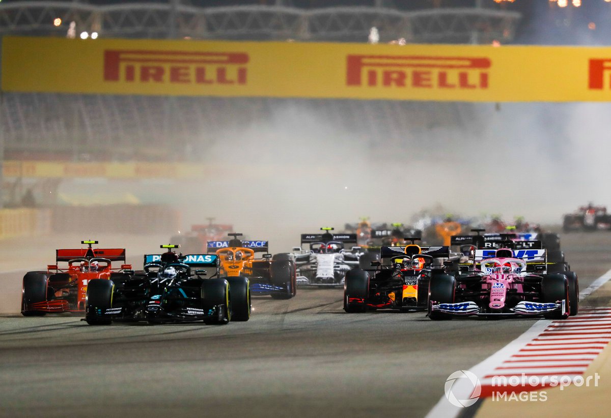 Valtteri Bottas, Mercedes F1 W11, Sergio Perez, Racing Point RP20, Charles Leclerc, Ferrari SF1000, Max Verstappen, Red Bull Racing RB16, and the rest of the field at the start