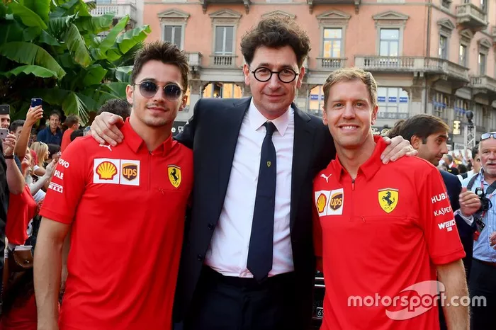 Charles Leclerc, Ferrari, Sebastian Vettel, Ferrari, Mattia Binotto, Team Principal Ferrari  